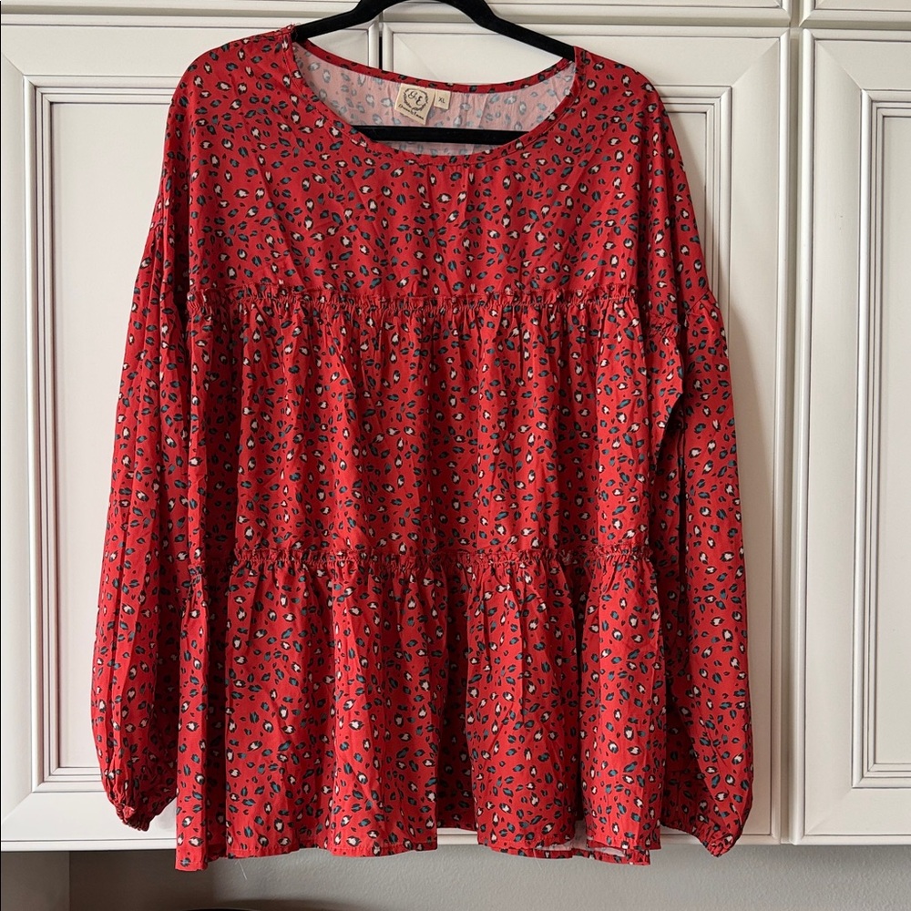 Women's Red Printed Tiered Tunic Top